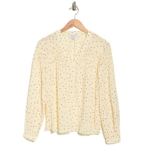 💕CURRENT AIR💕 V-Neck Long Sleeve Polka Dot Crinkle Blouse ~ Cream Medium NWOT - Picture 3 of 13
